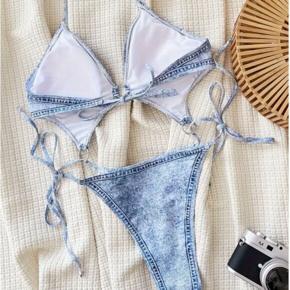 Faux Denim Print Cut Out Halter Sexy Monokini Backless One-piece Swimsuit Beach - Picture 5 of 5